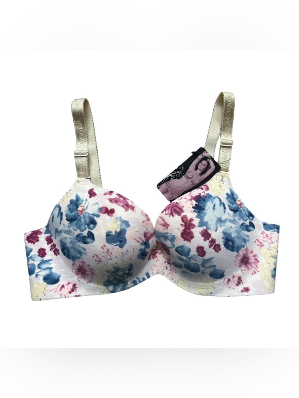Floral Lined T-Shirt Bra 38B White Blue Pink Yellow Hook & Eye Back Closure